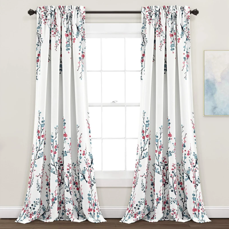 Lush Decor Mirabelle Watercolor Floral Light Filtering Window Curtain Panel Pair, 84" L x 52" W, Blue & Coral