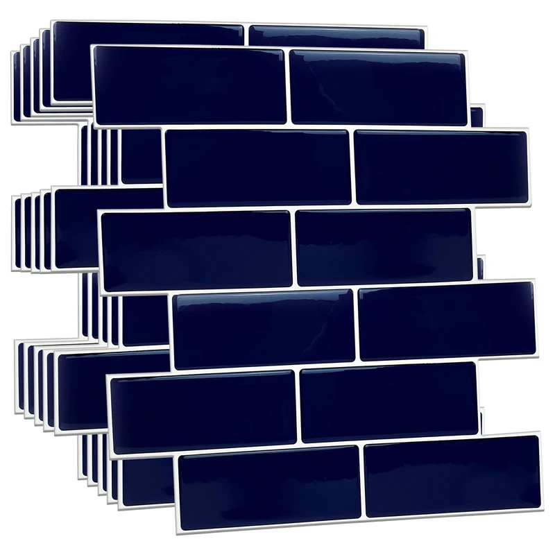 WALPLUS 3D Tile Stickers Peel and Stick Backsplash Splashback Decals Tile Transfer for Kitchen Bathroom Living Room Stick on Tile Waterproof Deep Blue 30 Sheets 30.5cm(12")