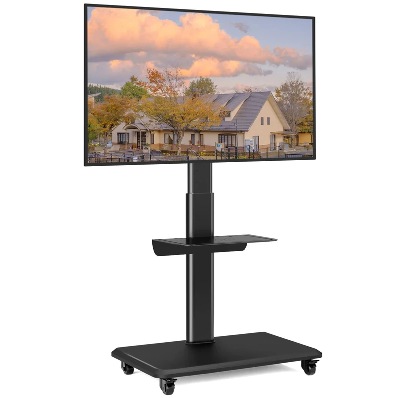 RFIVER Mobile TV Stand on Wheels for Most Flat Curved 32-70 inch TVs, Swivel Rolling TV Stand with Wooden Base, Height Adjustable with 1 Shelf Max VESA 400x400 mm up to 35kgs