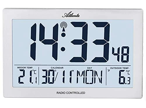 Atlanta Radio Wall Clock Digital with Temperature Display Indoor Outdoor Rectangular Silver - 4509