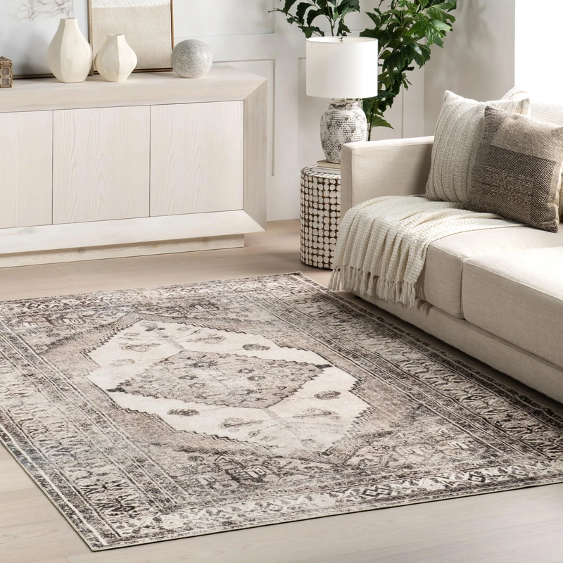 nuLOOM Gladys Machine Washable Vintage Medallion Area Rug, 5' x 8', Light Grey, Rectangular