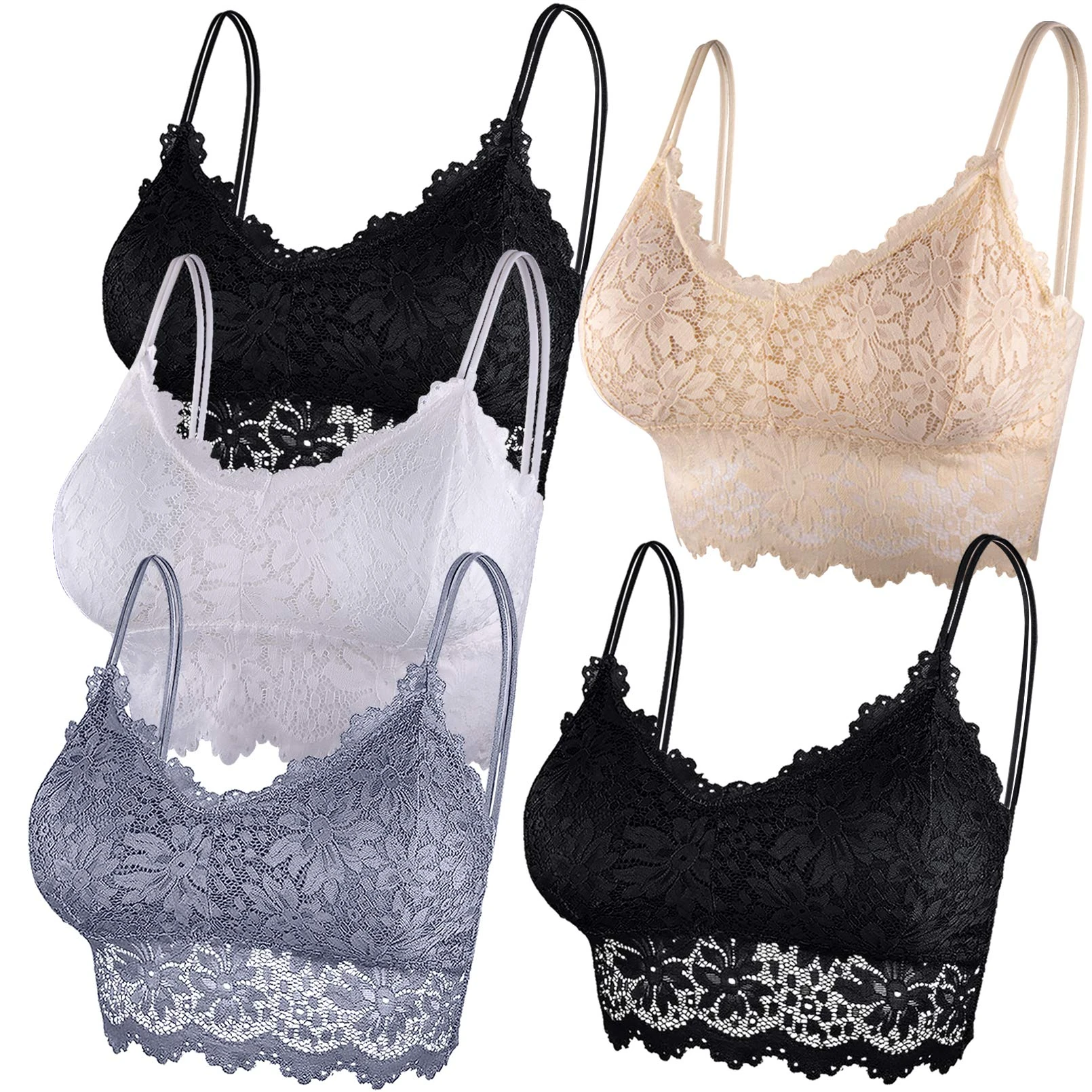 Duufin 5 Pieces Lace Bralette for Women Padded Bralettes Lace Bandeau Bra with Straps and Removable Pads, S-M