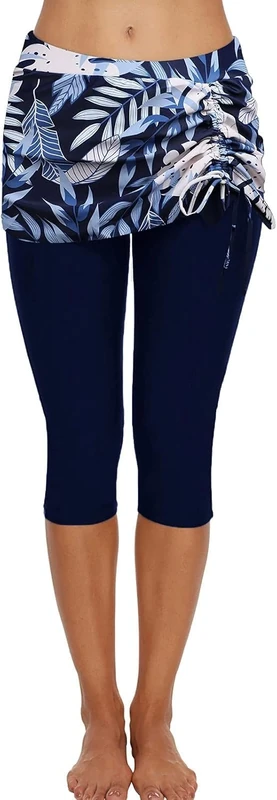 ECUPPER Women's Mid Waist Swimming Capris Shorts Knee Length Swim Leggings Bottom Pants Dark Blue M