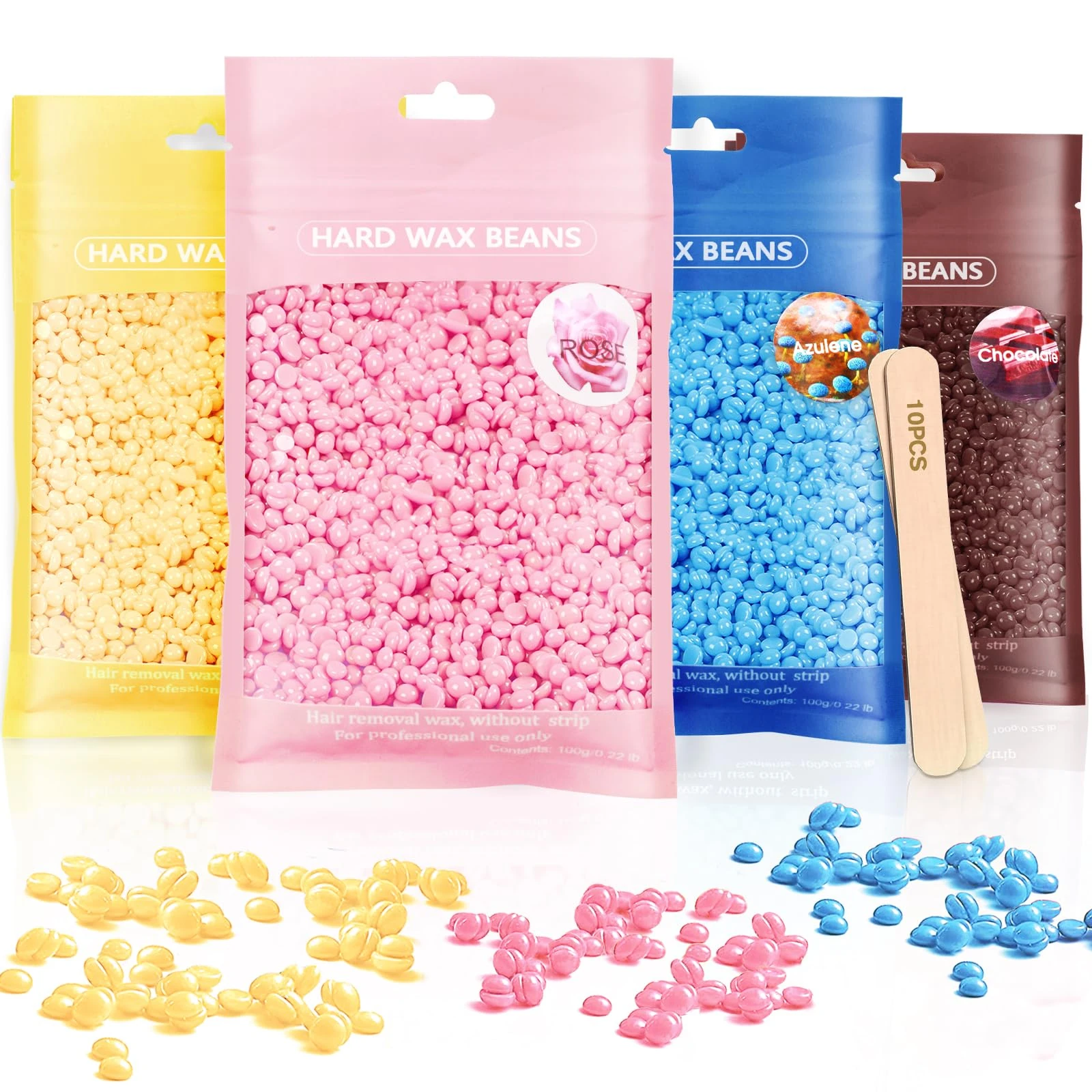 Hard Wax Beads, Hard Wax Beans 400g Hard Wax Hair Removal with 10 Pcs Wood Sticks - Painless at Home for Woman Men for Full Body Brazilian Bikini Face Legs Eyebrow