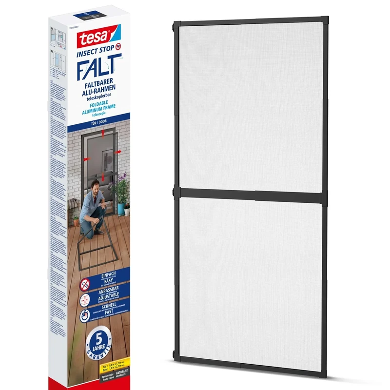 tesa Insect Stop FALT Door - Foldable Aluminium Frame with Fly Screen for Doors - With Adjustable Telescopic Frame - Anthracite - 80 cm x 170 cm to 100 cm x 220 cm