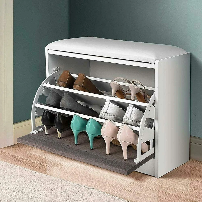 BAKAJI Wooden Shoe Rack with Triple Depth and Seat in Eco Leather, Storage Chest Dimensions 60 x 30 x 48 cm (Oak Grey)