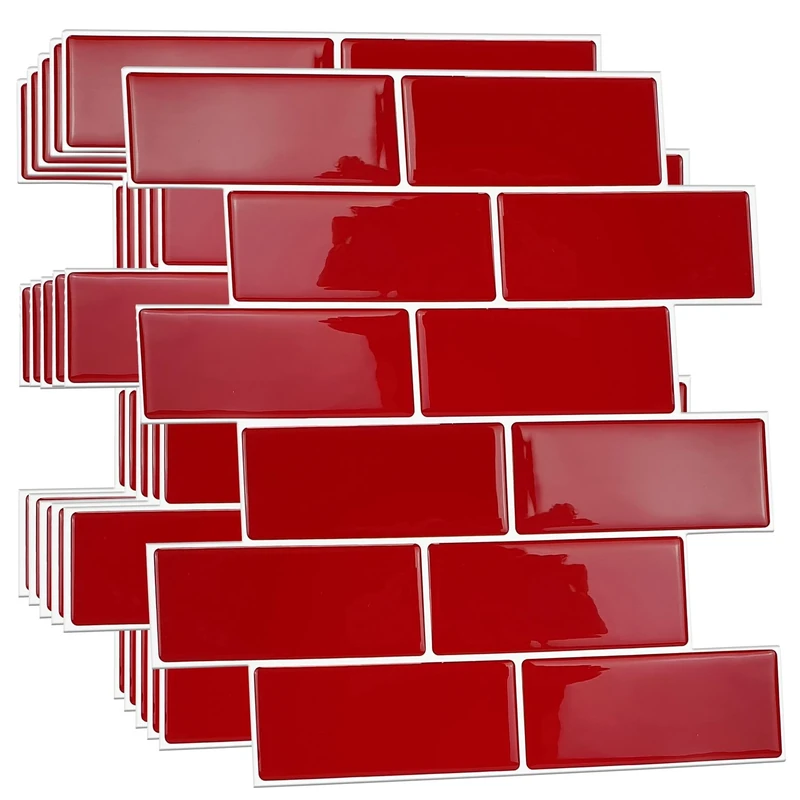 WALPLUS 3D Tile Stickers Peel and Stick Backsplash Splashback Decals Tile Transfer for Kitchen Bathroom Living Room Stick on Tile Waterproof Cherry Red Retro 24 Sheets 30.5cm(12")