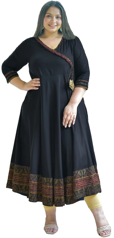 Yash Gallery Women's Rayon V-Neck 3/4 Sleeve Calf Length Long Indian Anarkali Kurta Dresses, Black., XXL