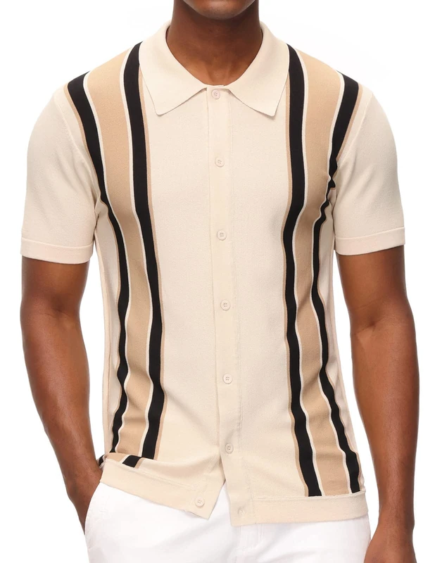 PJ Paul Jones Mens Striped Vintage Short Sleeve Knitwear Cardigan Sweater - Beige - S