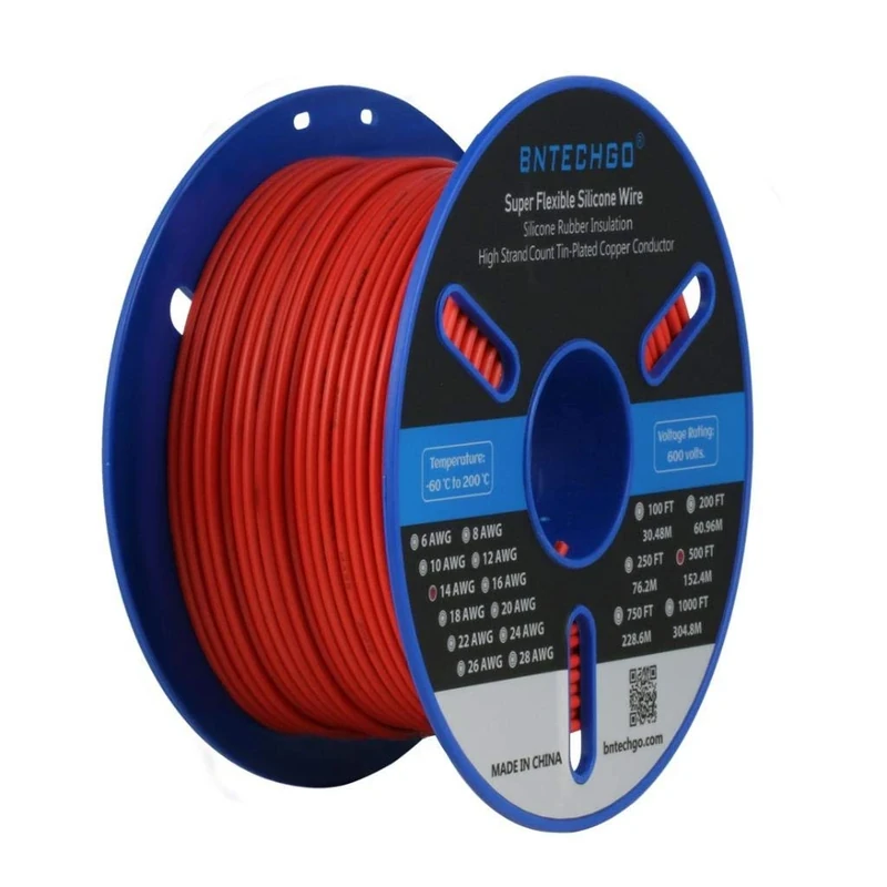 BNTECHGO 14 Gauge Silicone Wire Spool 500 ft Red Flexible 14 AWG Stranded Tinned Copper Wire