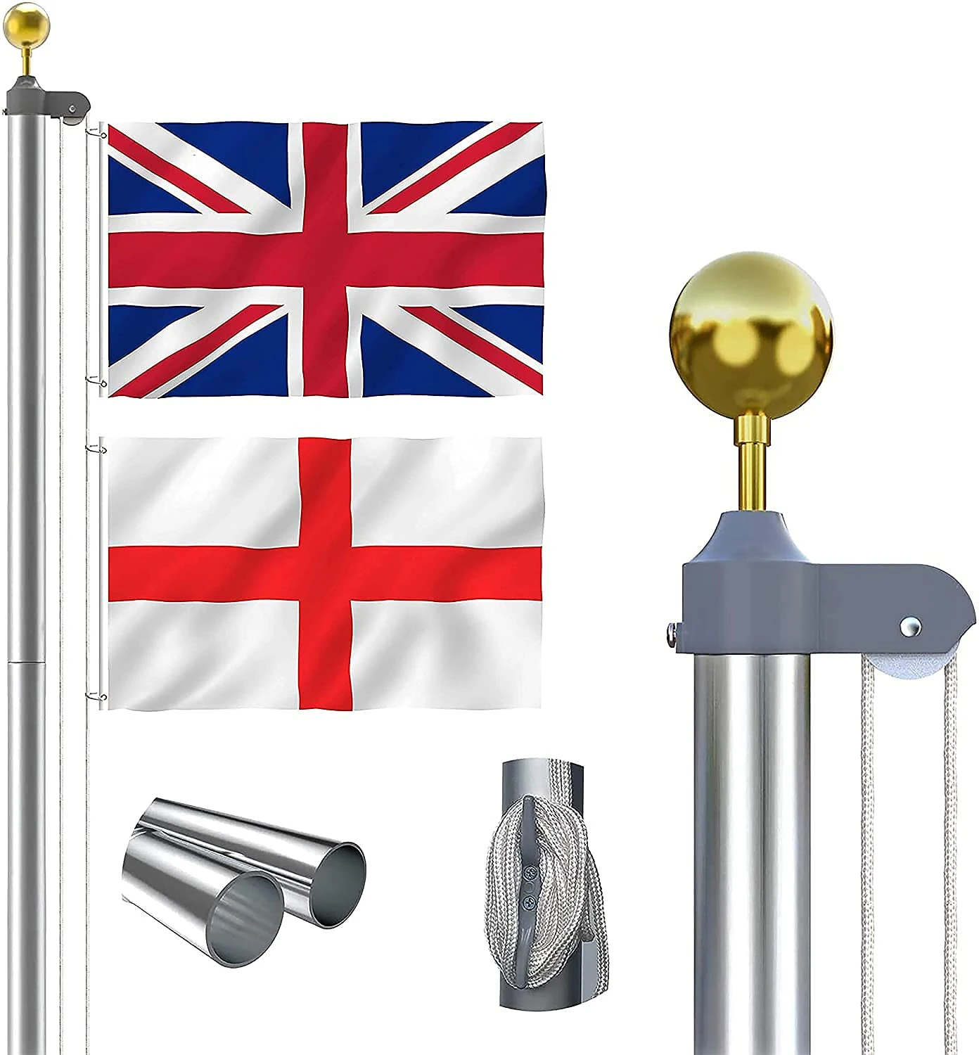 Thanaddo 20 FT Sectional Flag Pole Kit Extra Thick Aluminum Flagpole with 2 Flag, 2 Rope and Golden Ball Heavy Duty Outdoor In Grand Flag Pole for Residential, Yard and Commercial Use, Silver