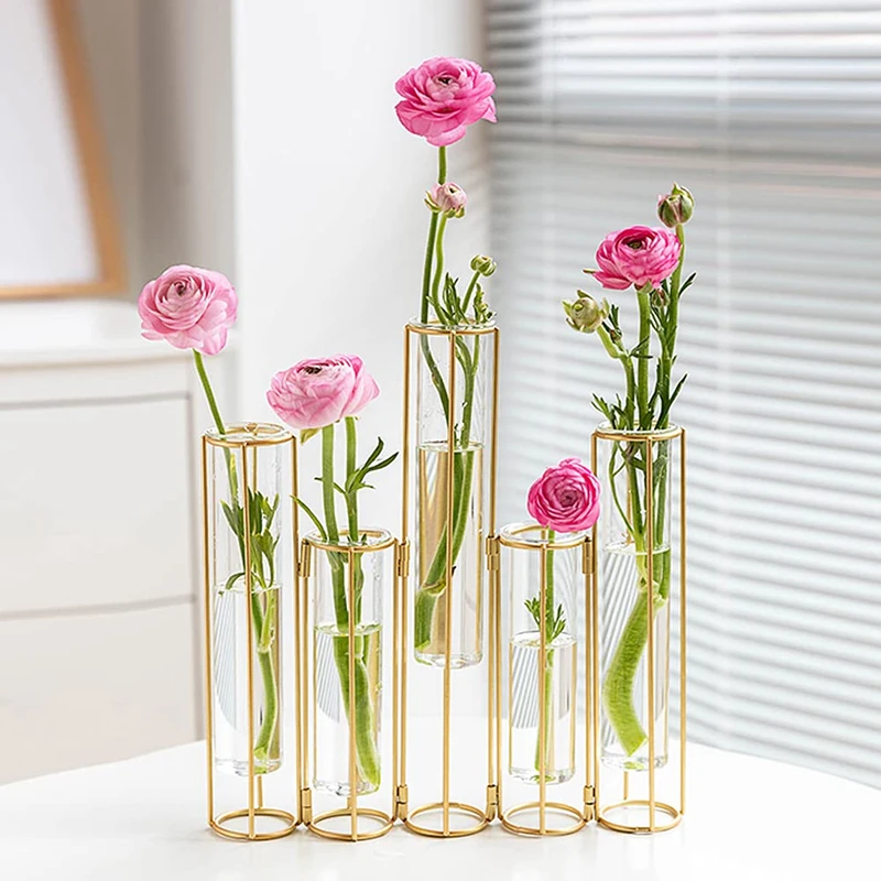 nother Bigsee Test Tube Vase for Flowers, Glass Vase with Metal Stand Racks Hydroponic Test TubeVase Set of 5, Gold Hinged Plant Vases Display Set Table Centerpieces Vase for Home Decor (Gold)