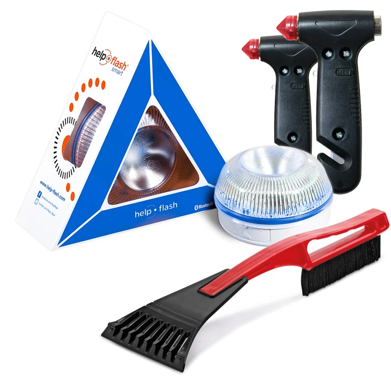 HELP FLASH Smart – Emergency Light Self-Warning Hazard and Flashlight, Approved, DGT Regulations, V16, Automatic + 2 x Window Breaker and Belt Cutter and Ice Scraper Windscreen