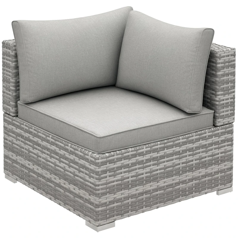 Outsunny Outdoor PE Rattan Corner Sofa, Garden Wicker Furniture Single Sofa Chair w/Cushions, Light Grey