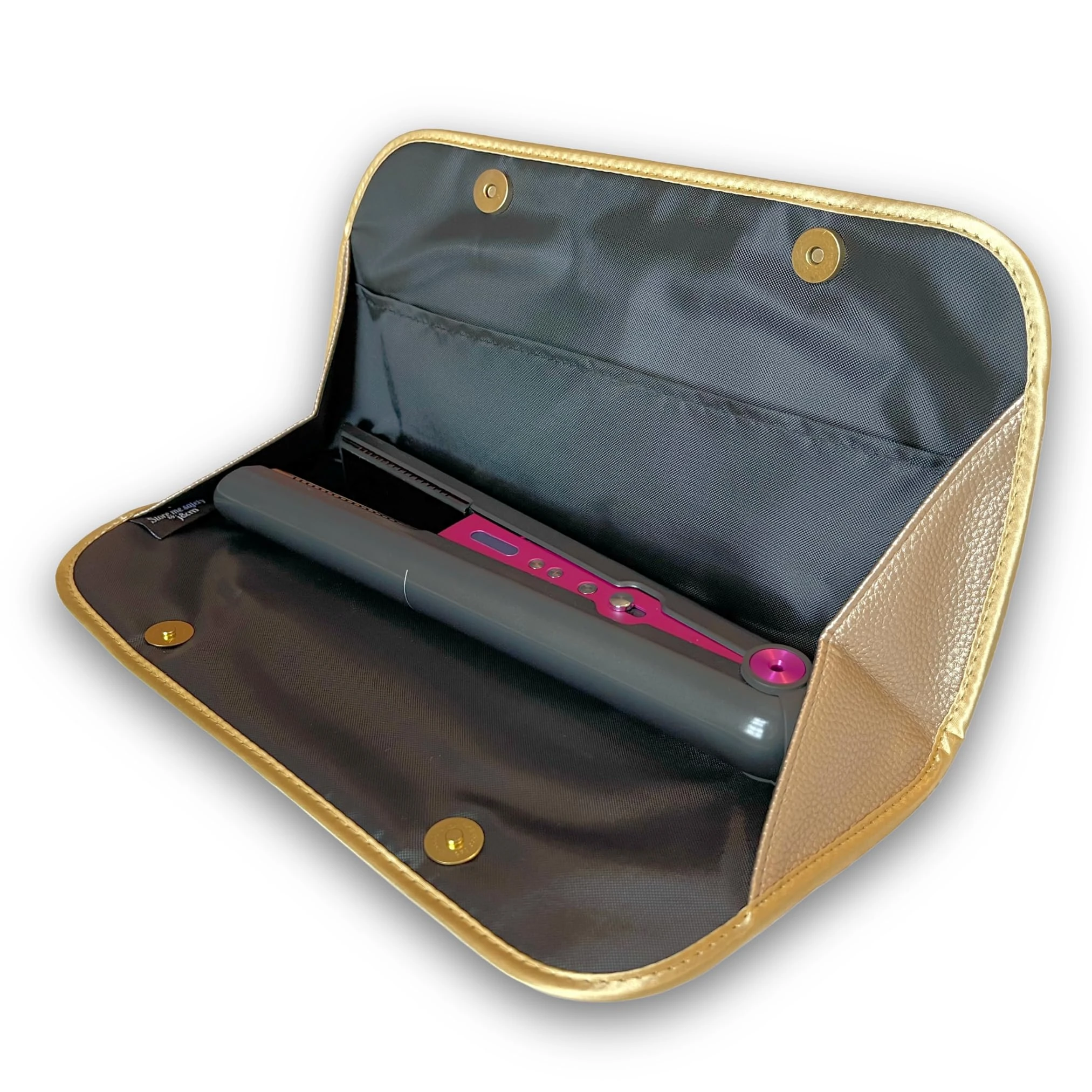 Hair Straightener Flat Iron Leather Pouch by j&m - Stylish Travel Storage Bag - Fits ghd, BaByliss, L’Oréal & Large Appliances - Magnetic Closure (Gold)