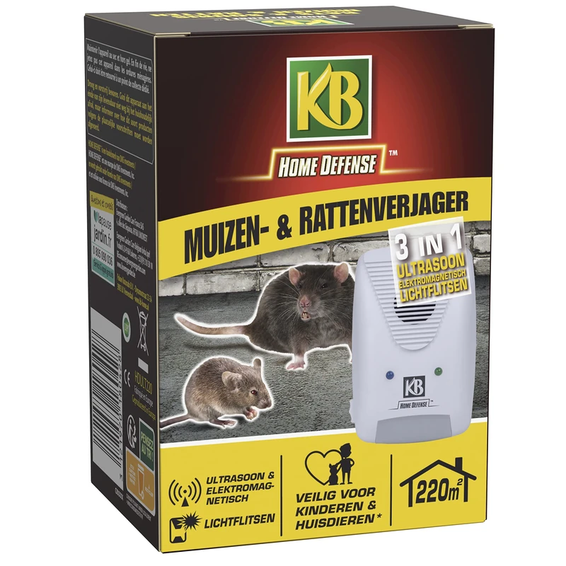 KB Home Defense HDULT220 – 3-in-1 Rat and Mouse Repellent with Ultrasound, Electromagnetic Waves and Light Flash 220 m² – Permanent Action and No Addiction – for 220 m² = Large Areas