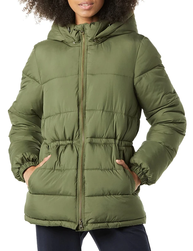 Amazon Essentials Women's Heavyweight Quilted Hooded Puffer Winter Jacket with Adjustable Waist, Olive, X-Small