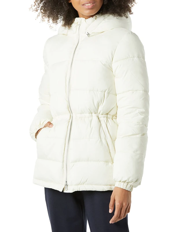 Amazon Essentials Women's Heavyweight Quilted Hooded Puffer Winter Jacket with Adjustable Waist, Ivory, Small