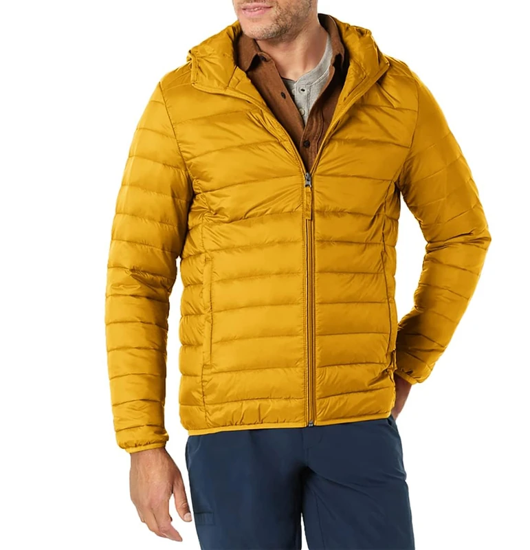 Amazon Essentials Men's Lightweight Water-Resistant Packable Hooded Puffer Jacket, Caramel, XL