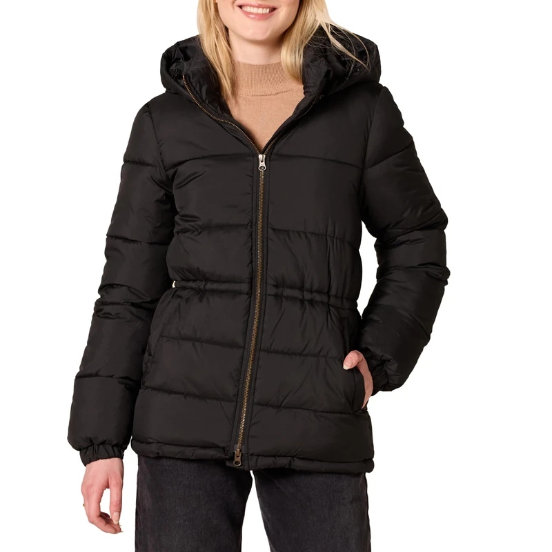 Amazon Essentials Women's Heavyweight Quilted Hooded Puffer Winter Jacket with Adjustable Waist, Black, L