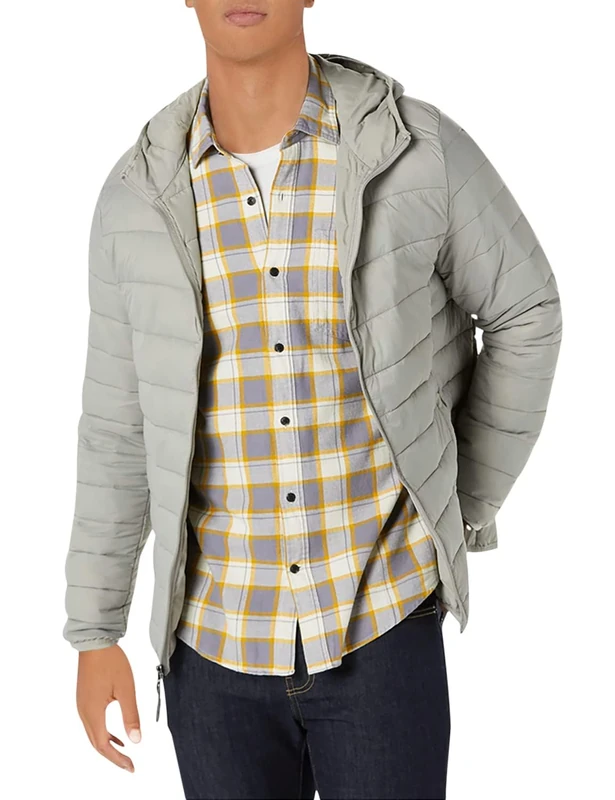 Amazon Essentials Men's Lightweight Water-Resistant Packable Hooded Puffer Jacket, Light Grey, XL