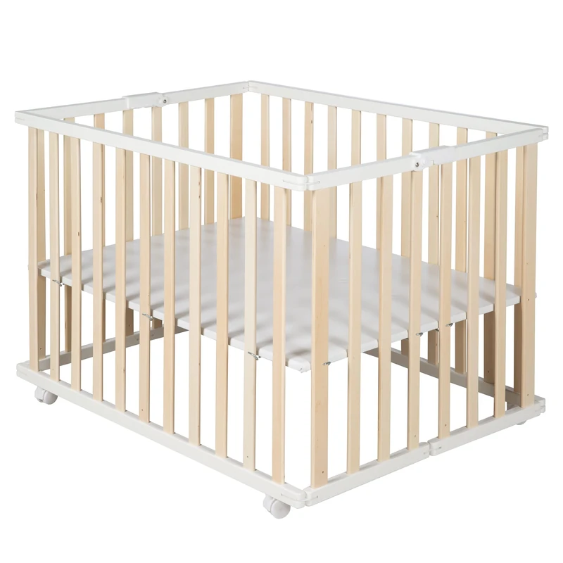 roba Wooden Foldable Playpen - 75 x 100 cm - Bicolor with Wheels