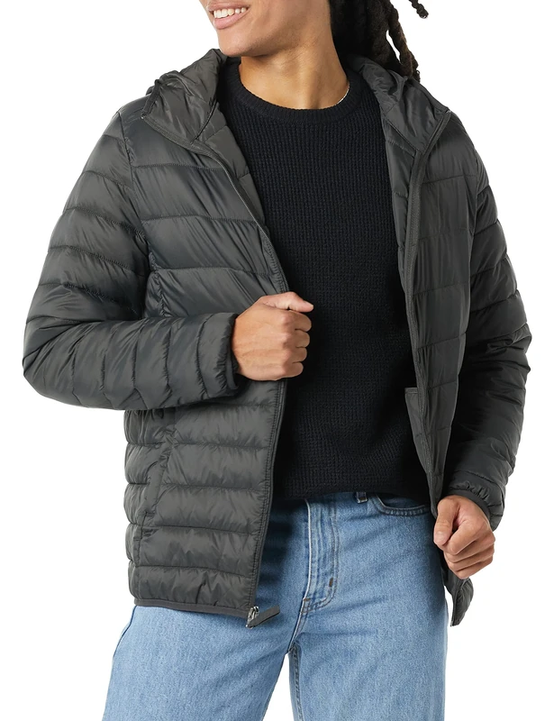 Amazon Essentials Men's Lightweight Water-Resistant Packable Hooded Puffer Jacket, Dark Grey, XL