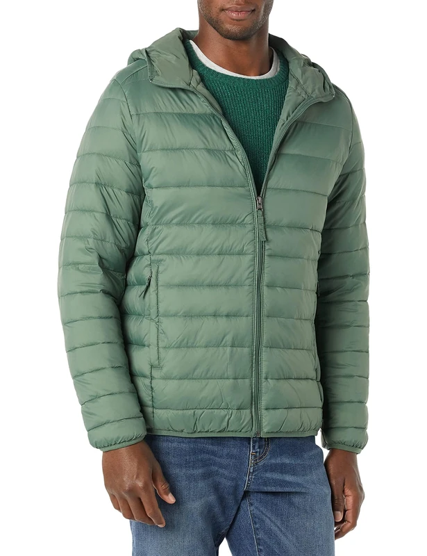 Amazon Essentials Men's Lightweight Water-Resistant Packable Hooded Puffer Jacket, Green, M