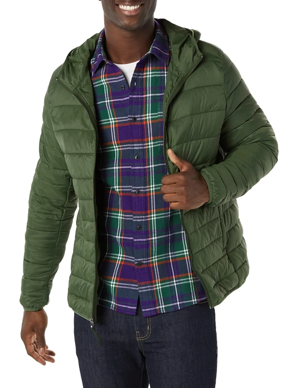 Amazon Essentials Men's Lightweight Water-Resistant Packable Hooded Puffer Jacket, Dark Olive, XXL