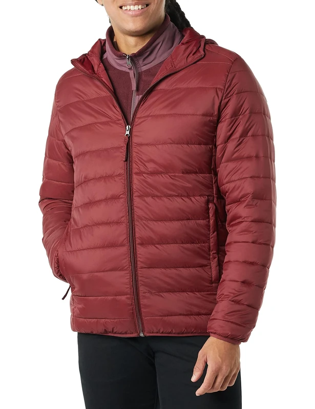 Amazon Essentials Men's Lightweight Water-Resistant Packable Hooded Puffer Jacket, Dark Red, S