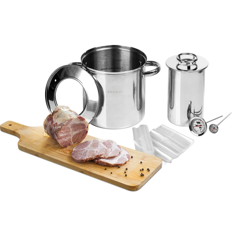 Browin 313016 Stainless Steel Press ham Maker/Pressure ham Cooker in Water Jacket, Complete Set of 1.5 kg Stainless Steel Ham Stove in a Water Jacket with Pot Thermometers, 18/8 Stainless Steel