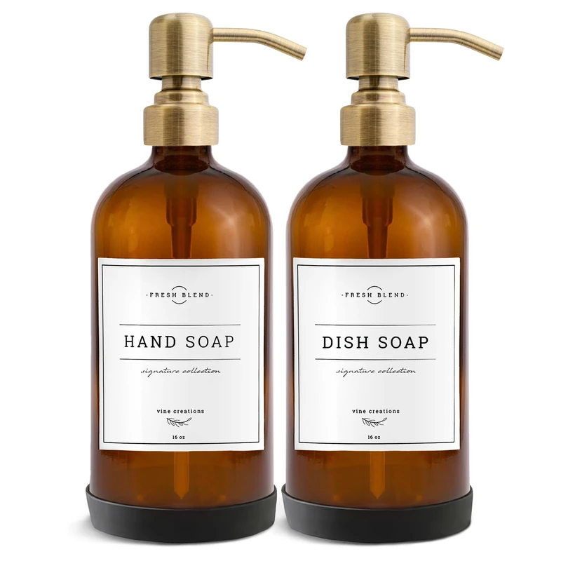 Vine Creations Amber Glass Soap Dispenser, 2 Pack Kitchen Soap Dispenser Set with Stainless Steel Pump, 16 oz Dish Soap and Hand Soap Dispensers for Bathroom with Waterproof Labels and Protective Pads