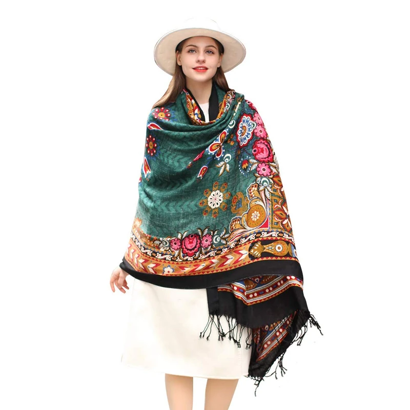 DANA XU 100% Pure Wool Large Size Women Bandana Headwarp Pashmina Cashmere Scarf Luxury Merino Poncho Shawl, Green&red 02, Large - Image 1