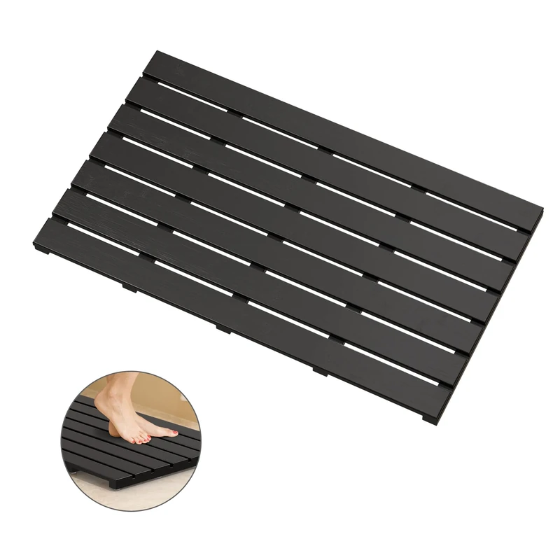 Bamboo Wooden Bath Floor Mat for Luxury Shower - Non-Slip Bathroom Waterproof Carpet for Indoor or Outdoor Use (Black,31.3 x 18.1 x 1.5 Inches)