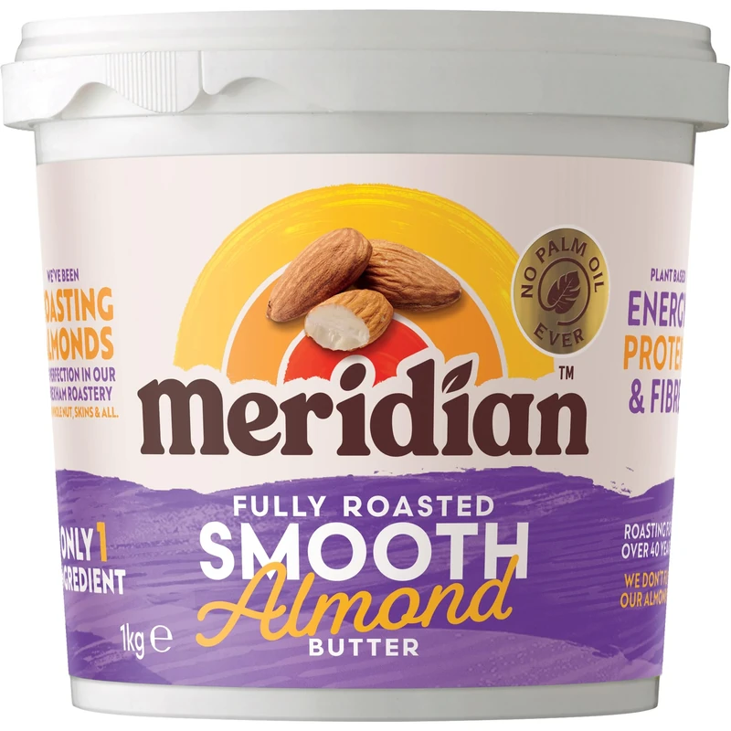 Meridian - Smooth Almond Butter 1kg | Natural Nut Butter, No Palm Oil, No Added Sugar, High in Monounsaturated Fats, Gluten Free, Vegan, Dairy Free, Source of Protein