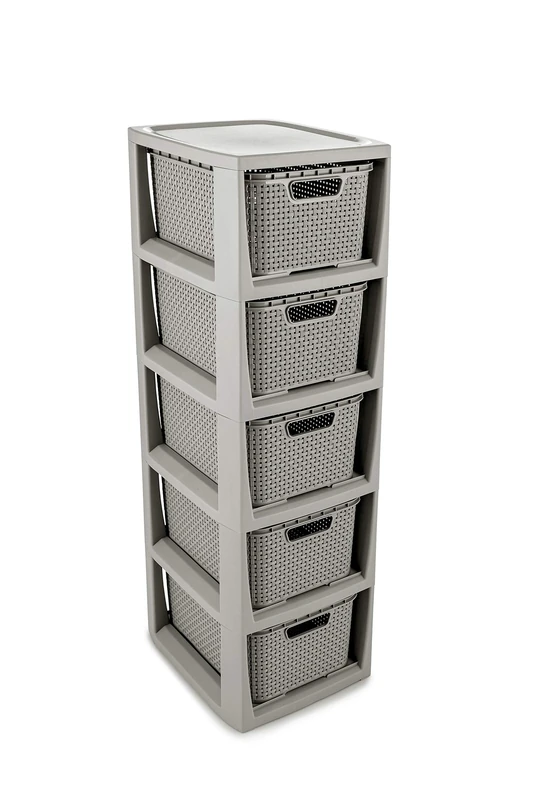 BranQ - Home essential, Rattan Design BPA Free Plastic 5 Drawer Storage Unit, Ideal for Home Office, Bedroom and Bathroom Storage, 29.5 x 24 x 80 cm (LxWxH) - Light Grey