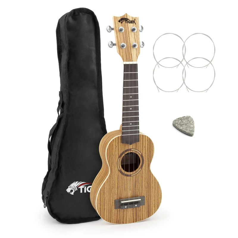 TIGER UKE14-ZB Soprano Ukulele with Fluorocarbon Strings, Gig Bag, Spare Strings and Felt Pick - Zebrawood - Image 1