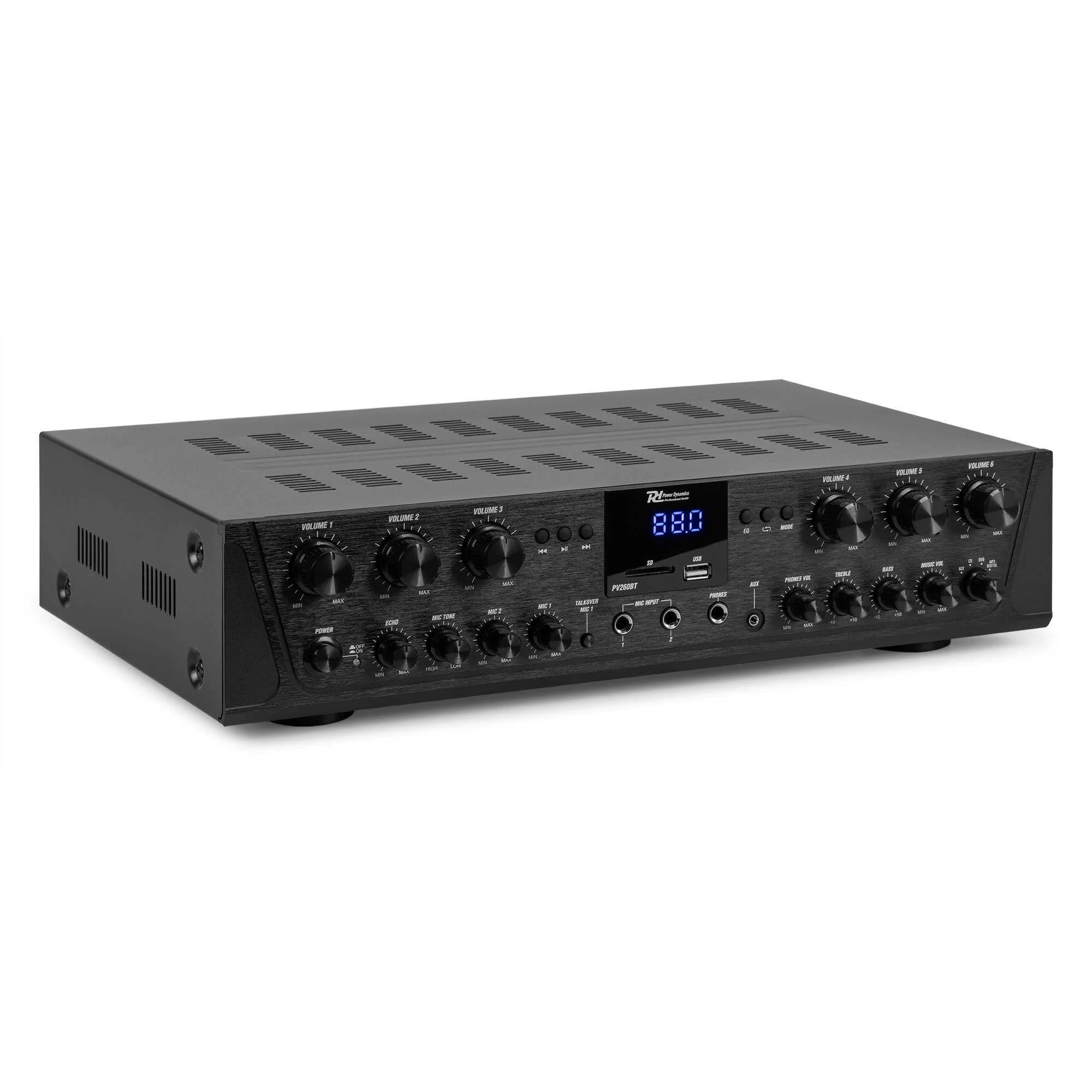 Power Dynamics PV260BT 6-Zone HiFi Amplifier with Bluetooth - 6x 100W Stereo Outputs, USB SD MP3 FM Radio, Mic Inputs, Optical Coax, Home Audio Amplifier|