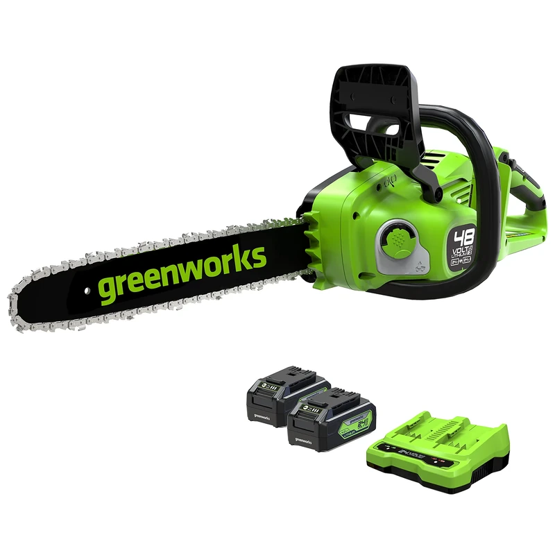 Greenworks 48V (24V x 2) Cordless Chainsaw with Brushless Motor, 35 cm Blade Length, 20 m/s Chain Speed, Automatic Oil System, With Two 4Ah Batteries & Double Charger, 3-Year Warranty-GD24X2CS36K4X
