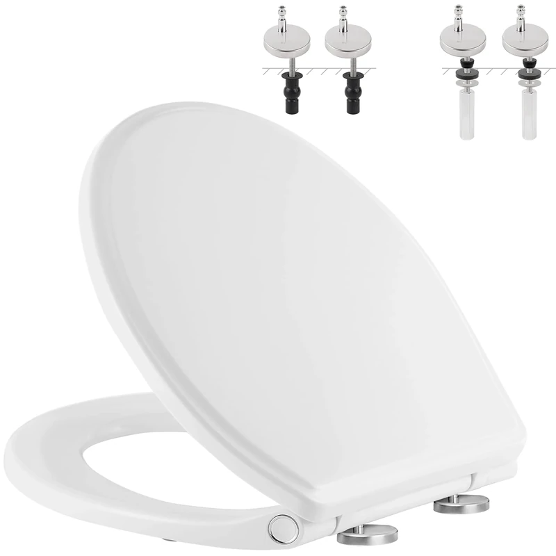 Hibbent Premium Round Toilet Seat with Cover(Oval) Quiet Close, One-Click to Quick Release, Easy Installation Non-Slip Seat Bumpers, Slow Close Toilet Seat and Cover, Easy Cleaning-White Color