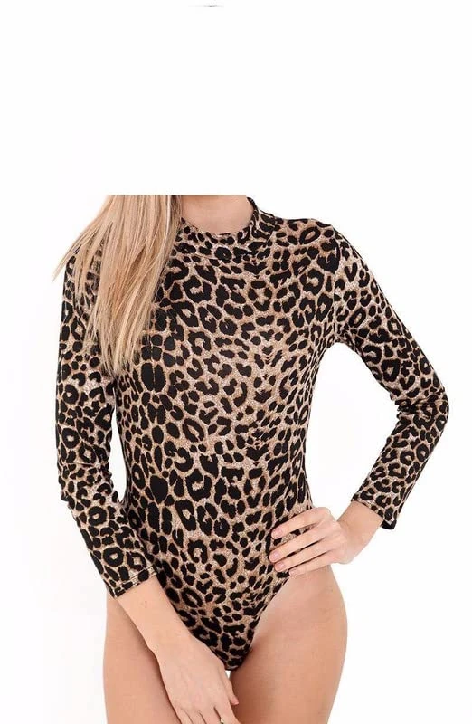 BODYWEAR LTD Ladies Turtle Neck Bodysuit Ladies Long Sleeve Stretch Leotard Top Sizes (Brown Leopard, 8-10)