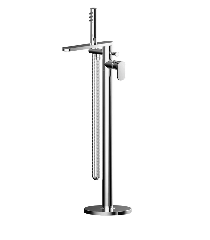 nuie BIN321 Binsey | Modern Bathroom Round Freestanding Bath Shower Mixer Tap with Side Action Lever Handle and Kit, 880mm, Chrome