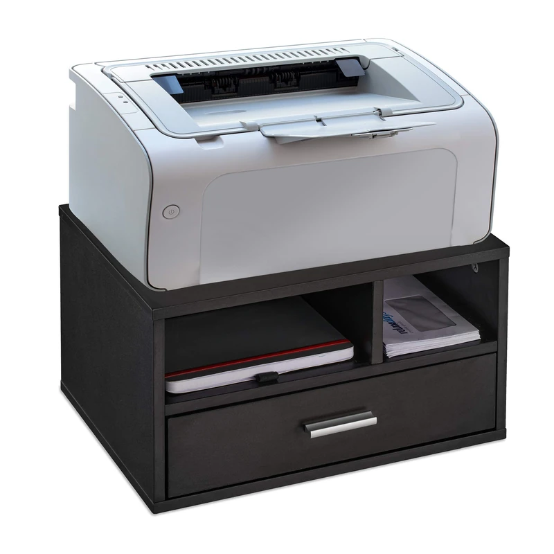 Relaxdays Printer Stand, Desk Tidy, 3 Compartments, Organiser, Tabletop Shelf for Office, HWD: 22 x 40 x 30 cm, Black - Image 1