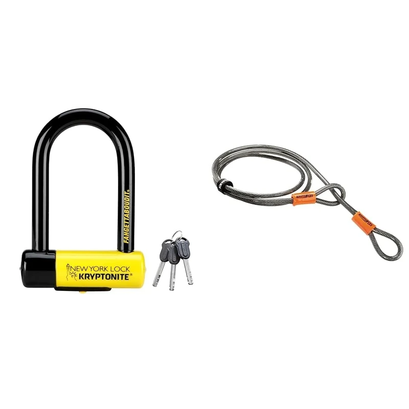 Kryptonite New York FAHGETTABOUDIT Lock - Yellow, Mini & Loop Cable Krypto Flex 213cmx10mm, Grey