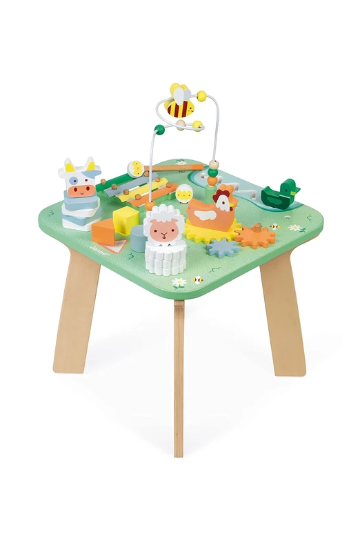 Janod - Jolie Prairie Activity Table - 7 Babyhood Activities - Multi-Game Wooden Table, Farm Theme - Development and Musical Awakening - Water Based Paint - from 1 Year Old, J05327,White,Medium