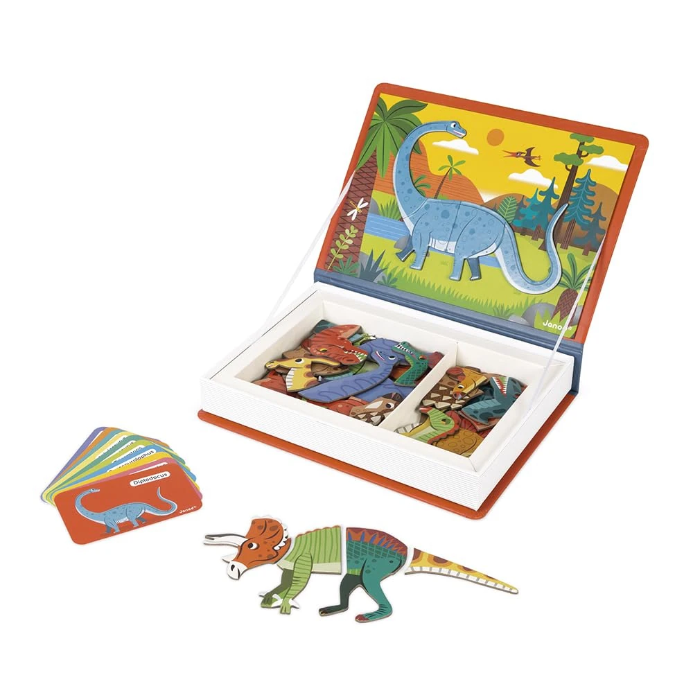 Janod - Magneti'Book Dinosaurs - 50-part educational magnetic game Teaches fine motor skills and imagination - FSC Certified - Suitable for ages 3 and up - J02590, Yellow(gelb)