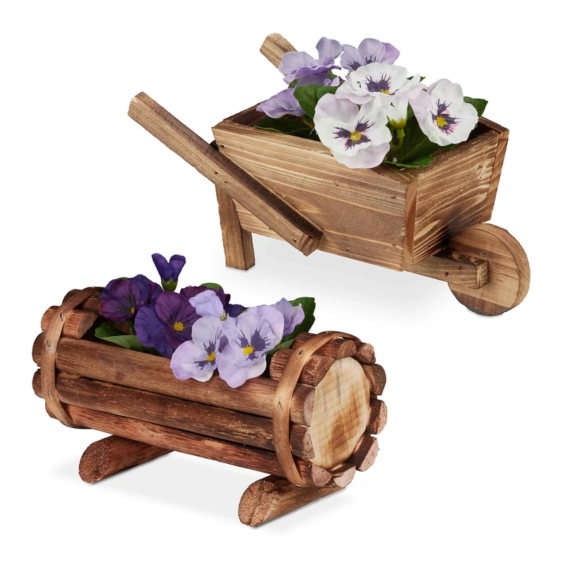 Relaxdays Wooden Planters, Set of 2, Wheelbarrow & Barrel Decorative Plant Pot for Flowers, Garden Accessory, Natural, 10 x 20 x 8.5 cm