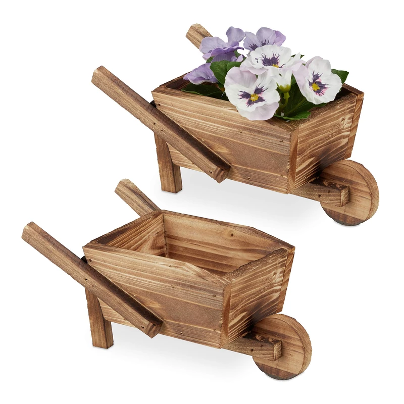 Relaxdays Wheelbarrow Planter, Set of 2, Wooden, Garden Ornament, Vintage, 10 x 22 x 12 cm, Flowers & Plants, Natural