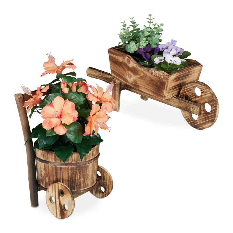 Relaxdays Wheelbarrow Planter, Set of 2, Burnt Wood, Garden Ornament, Vintage Design, for Flowers & Plants, Natural