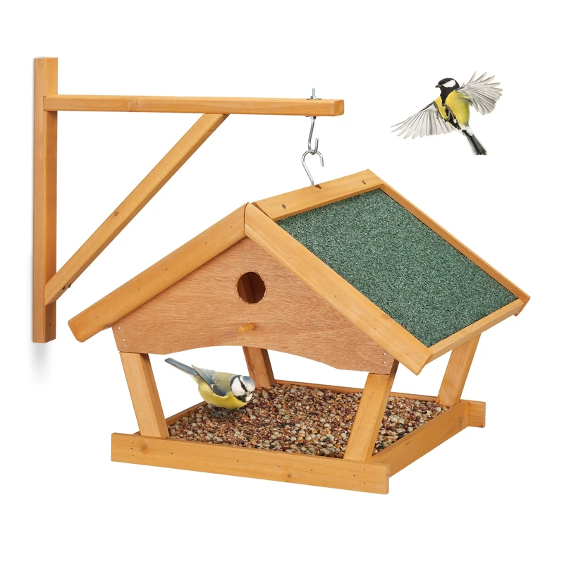 Relaxdays Bird House, Feeding Station, Wall Mounted, H x W x D: approx. 35 x 42.5 x 40.5 cm, Natural/Green